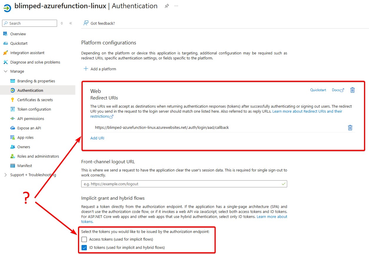 app registration auth blade with web platform enabled