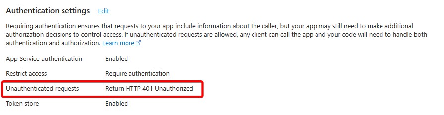 configure auth settings 401 response
