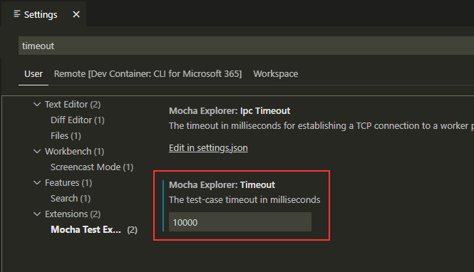 Changing the Mocha test explorer timeout