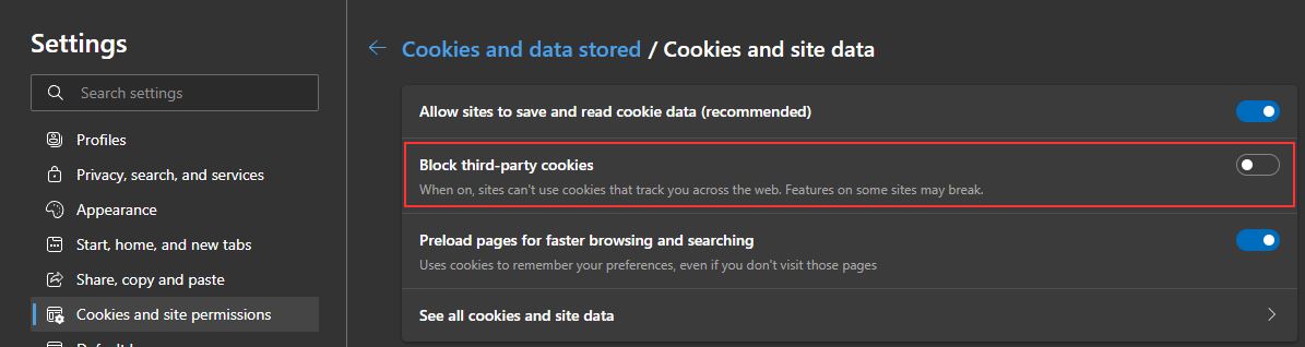 Blocking third party cookies in Microsoft Edge
